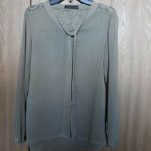 Size Small, Sage colored blouse with tie front and lace accent on back